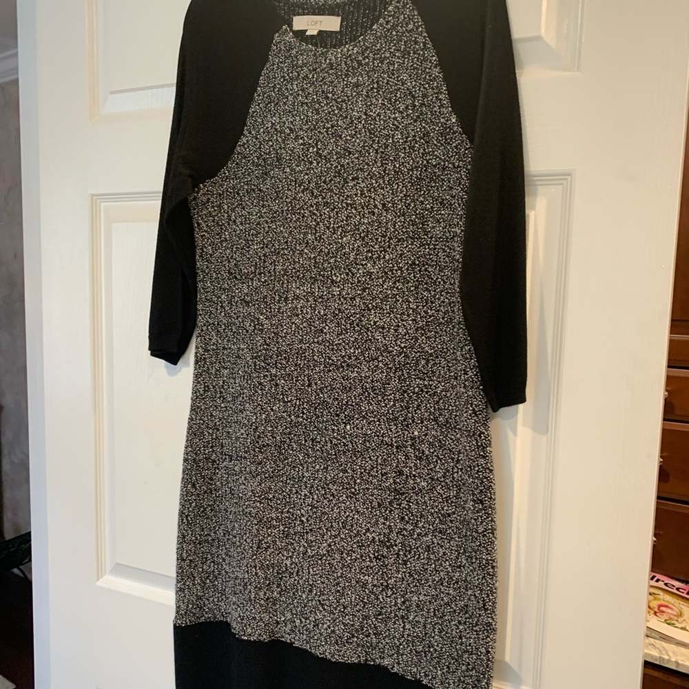 Scoop neck black and white knit tweed dress
